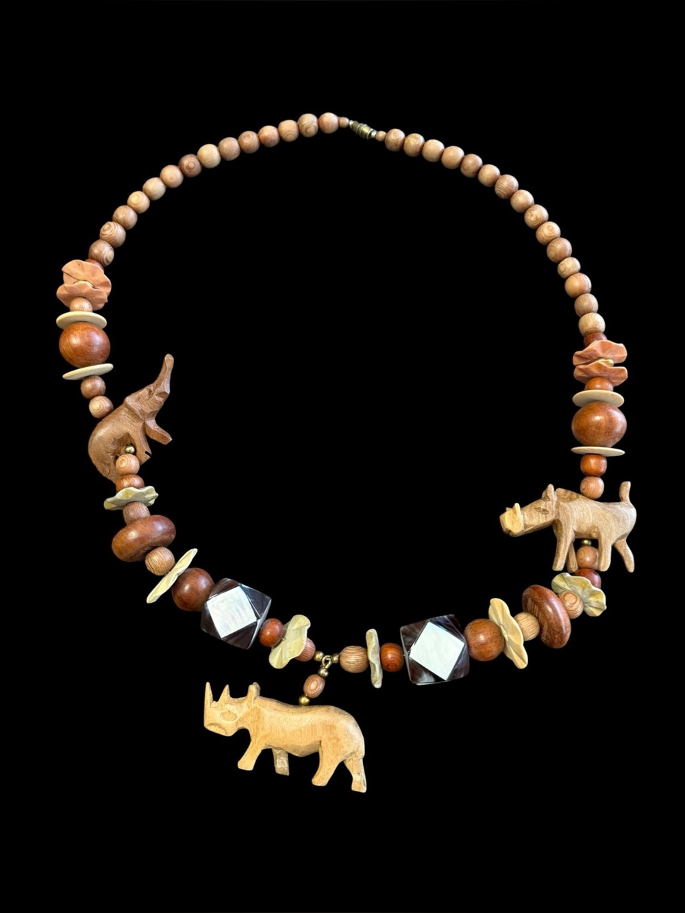 Vintage Carved Wood Safari Animal Necklace Rhino Elephant Shell Beads African
